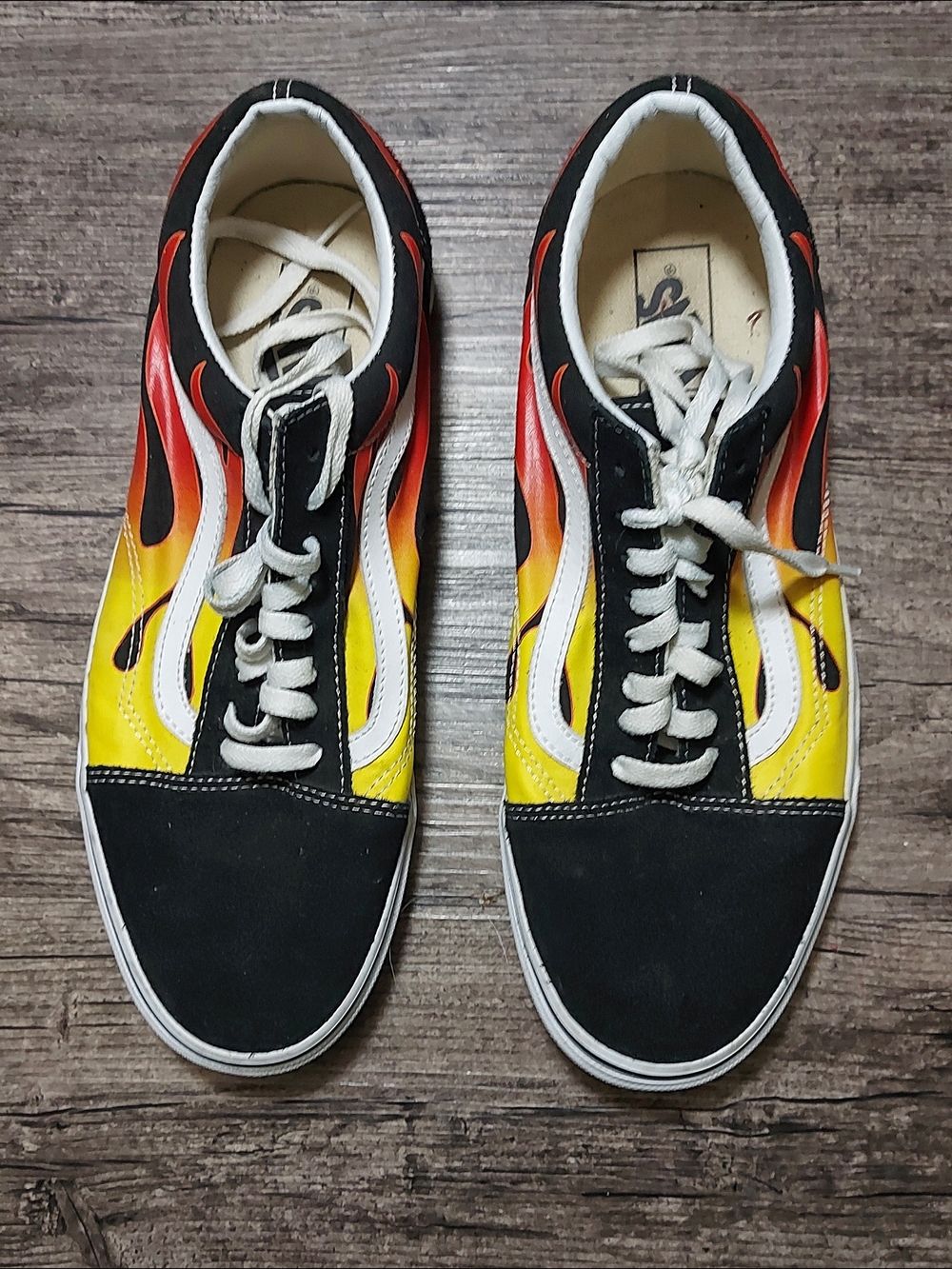 Vans Men's Black Sneakers with Red and Yellow Flame Graphic
